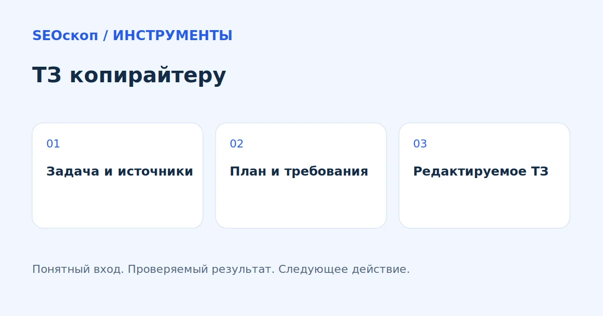 ТЗ копирайтеру: Задача и источники → План и требования → Редактируемое ТЗ